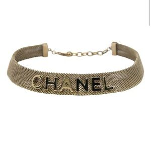 CHANEL Gold Mesh Logo Collar Necklace